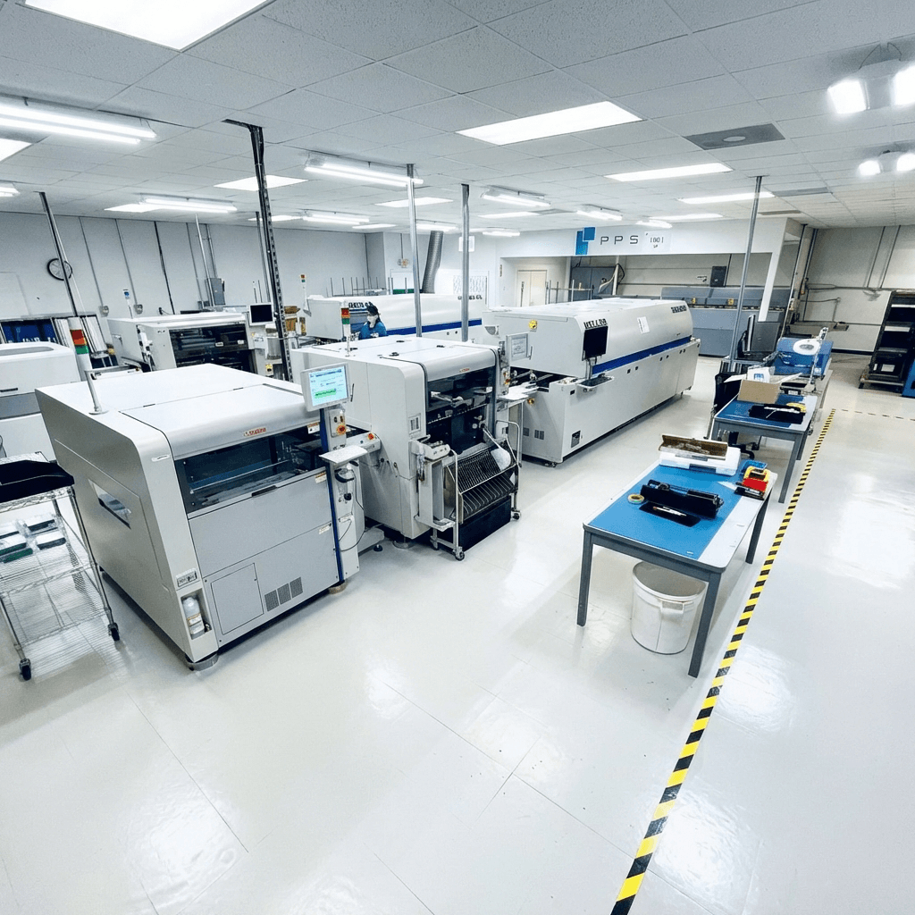 Modern electronics manufacturing facility interior showing assembly stations and quality control areas